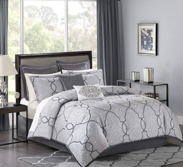 Madison Park Lavine Cozy Bed in a Bag Comforter Set, Traditional Luxe Jacquard Design All Season Down Alternative Bedding with Cotton Bed Sheets, Bed Skirt & Pillows, King Silver 12 Piece